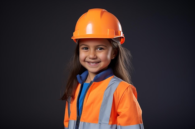 건설 헬멧에 웃는 어린 소녀의 초상화