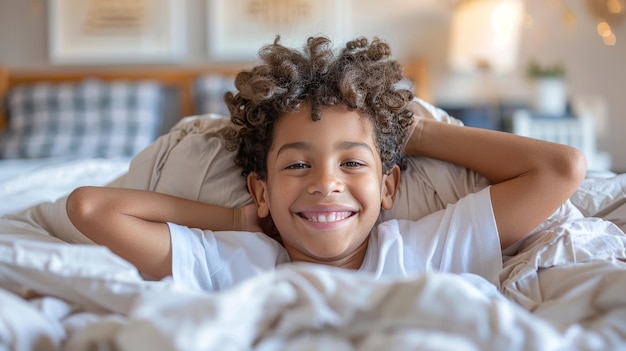 Portrait of smiling little girl lying on bed at home in the morning