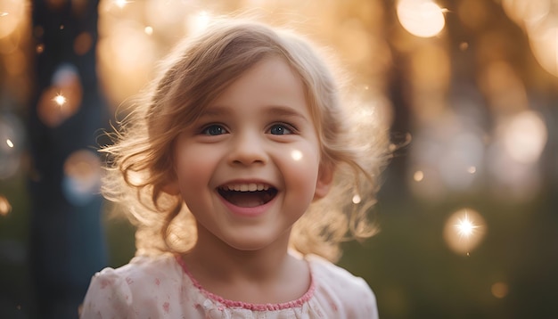 Portrait of a smiling little girl in a pink dress on a background of the forest