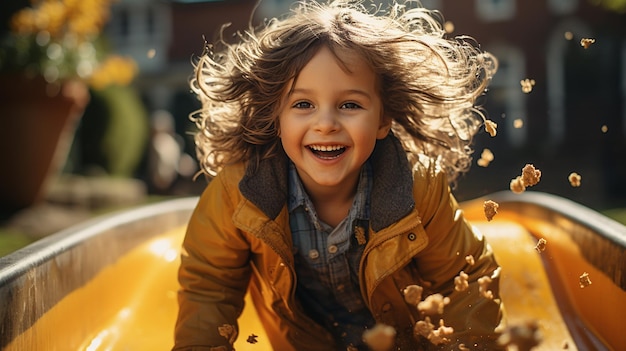 portrait of a smiling little girl playing with autumn leaves on a background of trees in the park