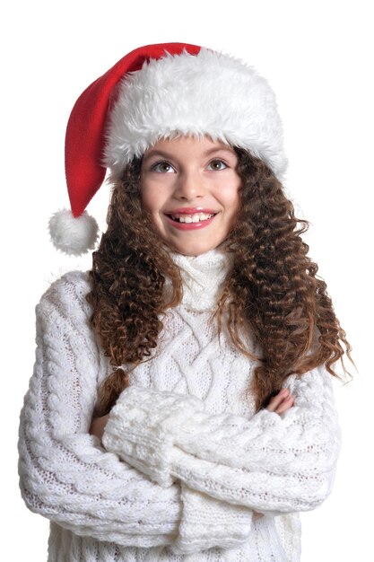 크리스마스 모자를 쓰고 웃고 있는 어린 소녀의 초상화