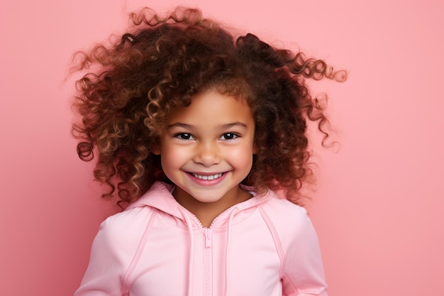 Portrait of a smiling little girl with curly hair on a pink background