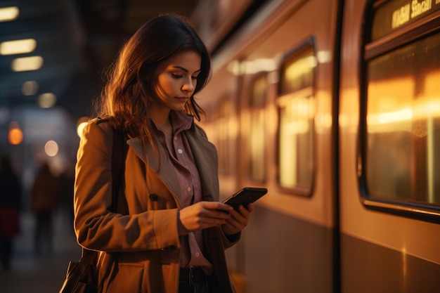 地下鉄の電車内で携帯電話にメッセージを入力する笑顔の素敵な女性のポートレート、AI が生成