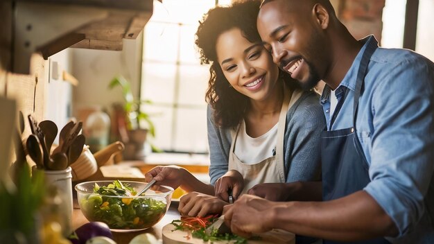 Portrait of a smiling loving couple cooking salad