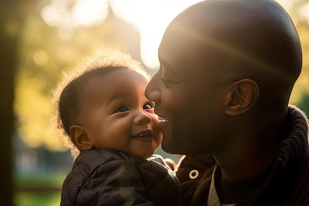 Portrait of a smiling loving dad with a cute happy baby outdoors created with Generative AI