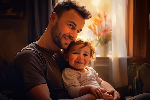 귀엽고 행복한 아이와 함께 웃고 있는 사랑스러운 아빠의 초상화 생성 Ai