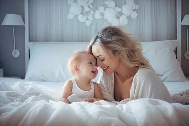 Ritratto di una madre amorevole sorridente con un bambino carino e felice a casa creato con l'ia generativa