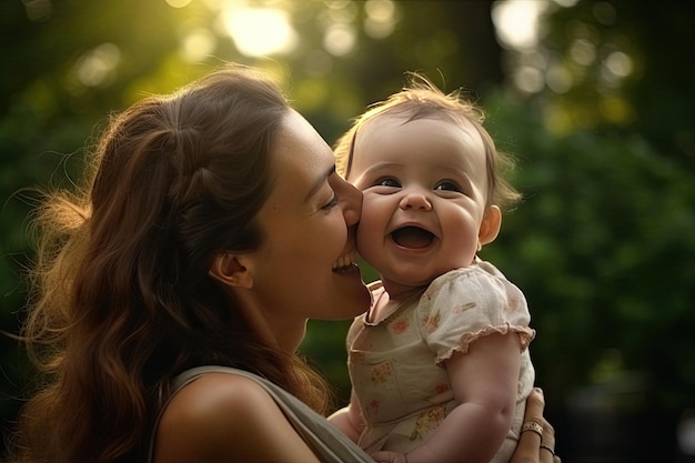 Portrait of a smiling loving mother with a cute happy baby outdoors created with Generative AI