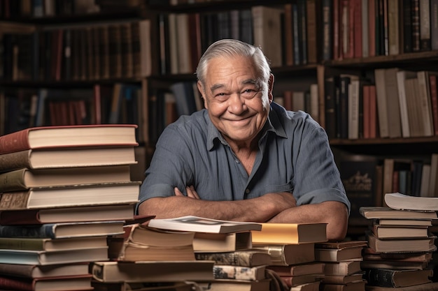 Portrait of a smiling male author surrounded by stacks of his books