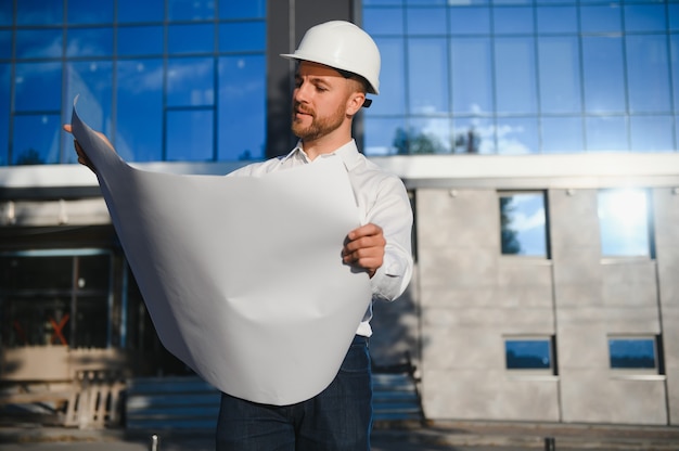 Foto ritratto di un ingegnere maschio sorridente dell'appaltatore con il progetto della lettura del casco al cantiere.