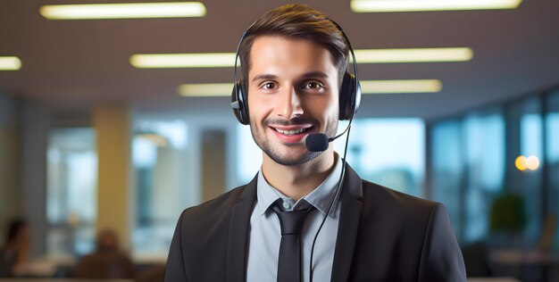 Portrait of smiling male customer support phone operator at office Call center and customer service