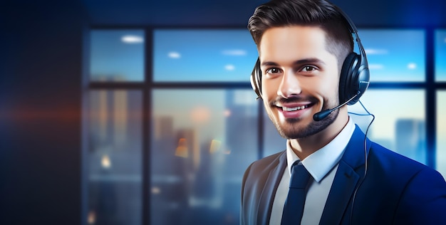 オフィスの笑顔の男性カスタマー サポート電話オペレーターのポートレート コールセンターとカスタマー サービス