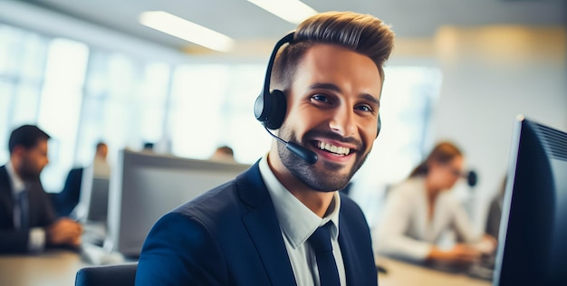 Photo portrait of smiling male customer support phone operator at office call center and customer service