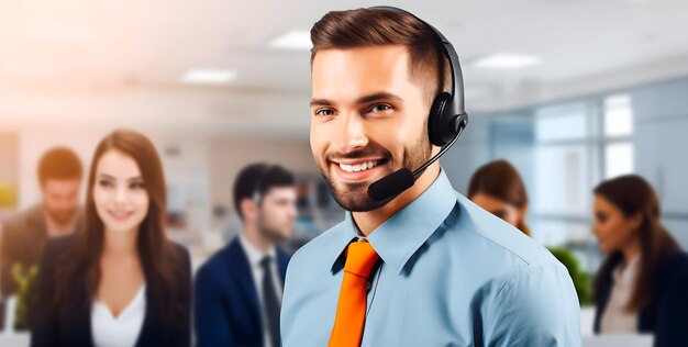 Portrait of smiling male customer support phone operator at office Call center and customer service