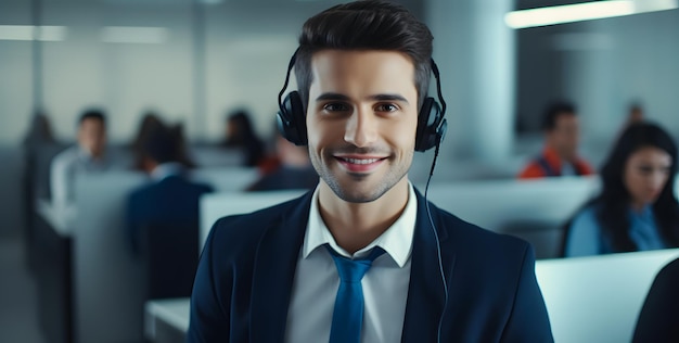 Portrait of smiling male customer support phone operator at office Call center and customer service