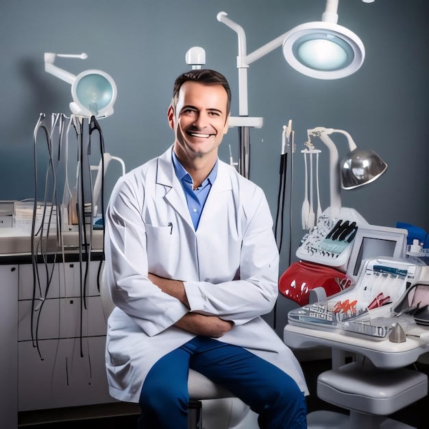 Portrait of smiling male dentist sitting with arms crossed in dental office