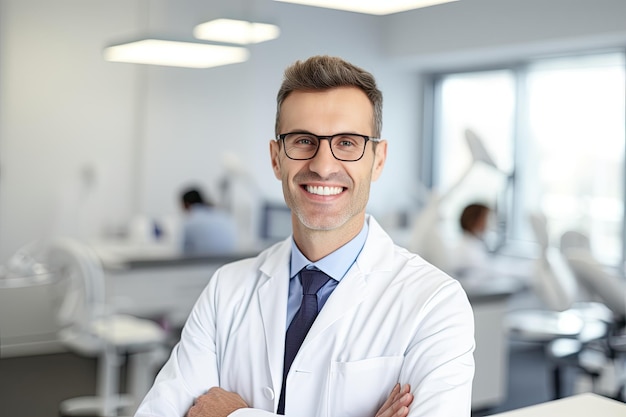 Foto ritratto di un medico maschio sorridente sullo sfondo di un ufficio dentistico dottore dentista