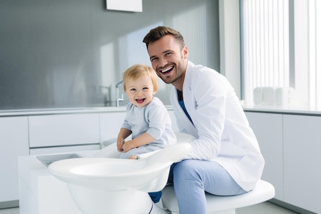 portrait of smiling male doctor and little boy looking at camera in clinic