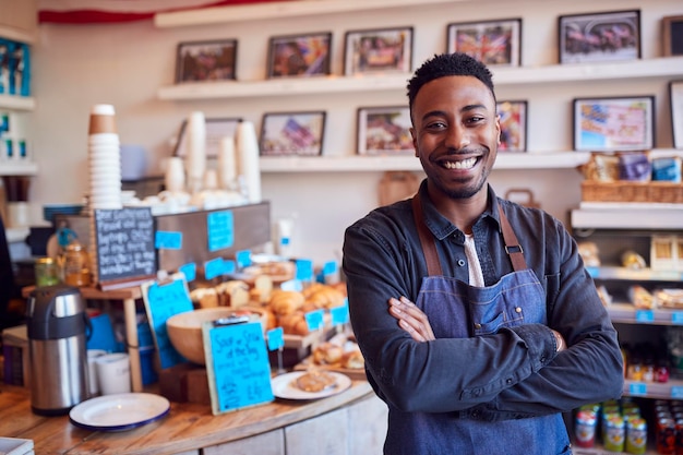 Portrait Of Smiling Male Owner Of Coffee Shop Standing By Counter