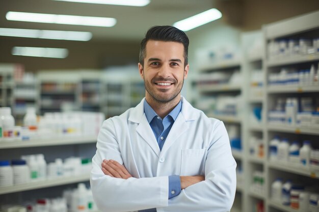 Foto ritratto di un farmacista maschio sorridente in piedi con le braccia incrociate generativo di ai