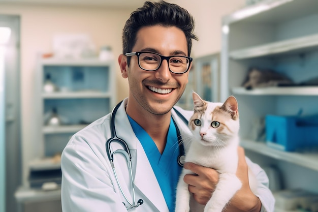 Portrait of a smiling male veterinarian holding a cat in his arms