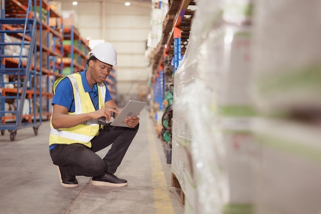 Portrait of smiling male warehouse worker using digital tablet in a warehouse