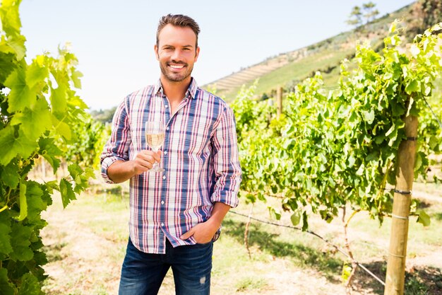 Ritratto del bicchiere di vino sorridente della tenuta dell'uomo