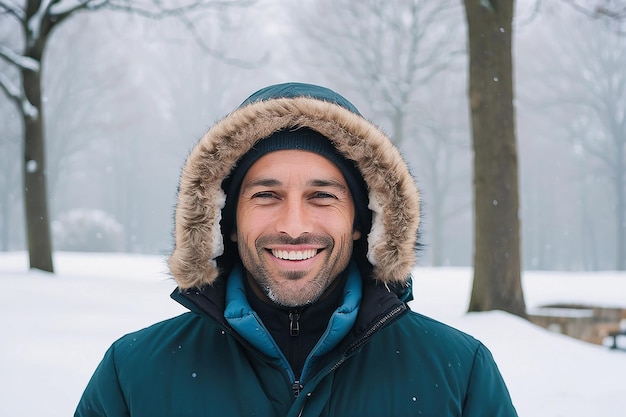 Portrait of smiling man in snow