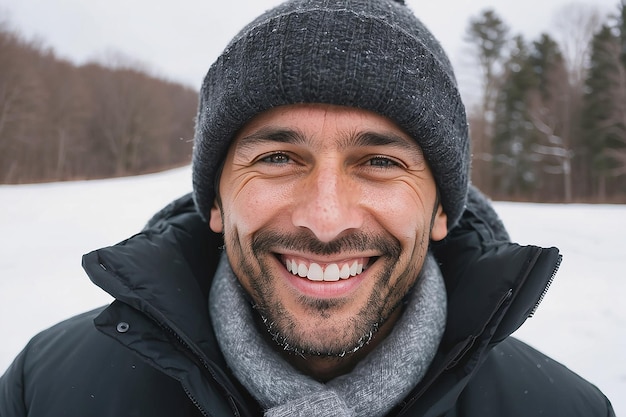 Portrait of smiling man in snow