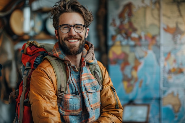 Portrait of smiling man with backpack and map in the background