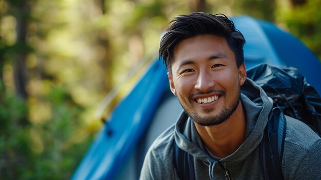 Portrait of smiling man with backpack standing in front of camping tent