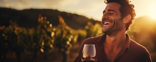 Photo portrait of a smiling man with a glass of wine blurred backdrop of vineyard on sunset generative ai