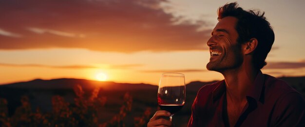 Photo portrait of a smiling man with a glass of wine blurred backdrop of vineyard on sunset generative ai