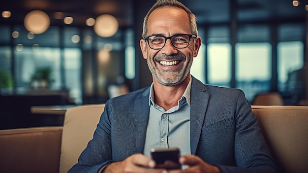 Portrait of smiling mature businessman using mobile phone while sitting in office lobbygenerative ai