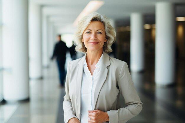 Photo portrait of smiling mature businesswoman standing in corridor of modern office building