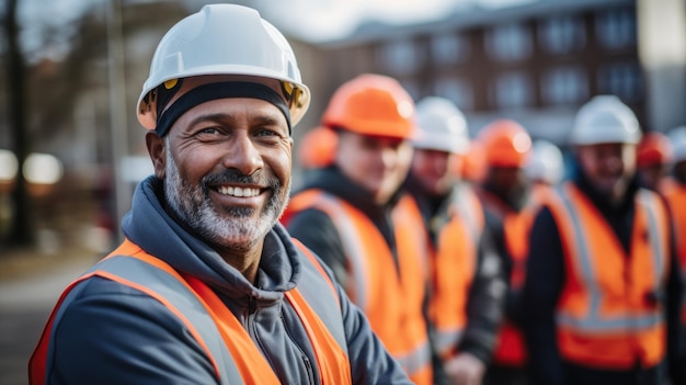 Portrait of smiling mature engineer standing in front of his team on construction site Generative AI