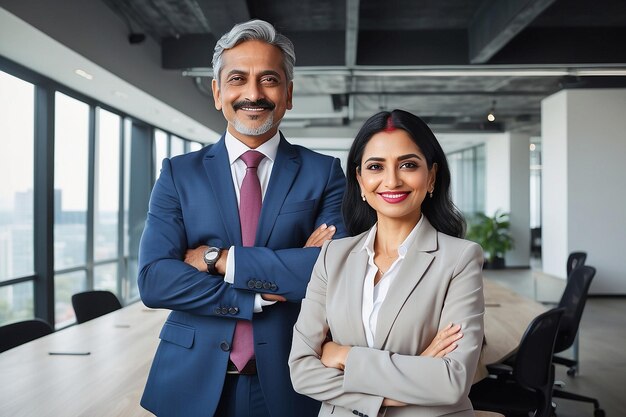 Photo portrait of smiling mature latin or indian business man and european business woman