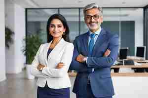 Photo portrait of smiling mature latin or indian business man and european business woman
