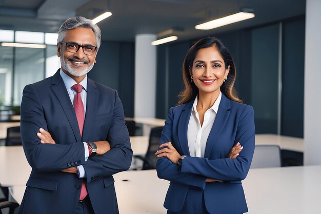 Portrait of smiling mature Latin or Indian business man and European business woman