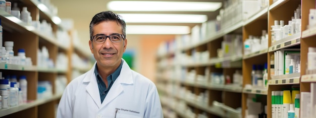 Portrait of smiling mature male pharmacist standing in pharmacy drugstore Generative Ai