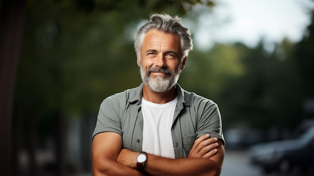 Foto ritratto di uomo maturo sorridente in piedi su sfondo bianco