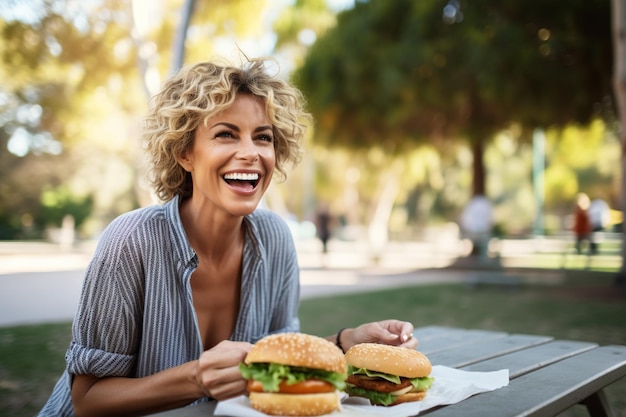 公園でピクニックでハンバーガーを食べている笑顔の成熟した女性の肖像画