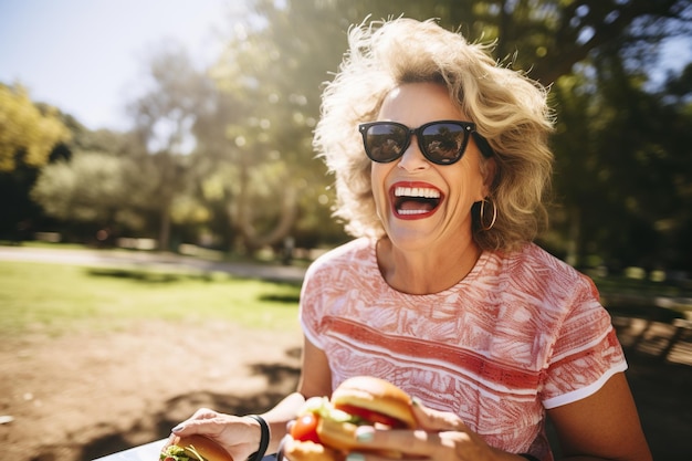 Foto ritratto di una donna matura sorridente che mangia un hamburger a un picnic nel parco