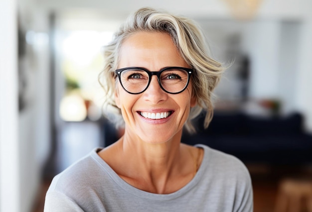 Portrait of smiling mature woman successful middle aged woman at home smiling beautiful mid adult lady