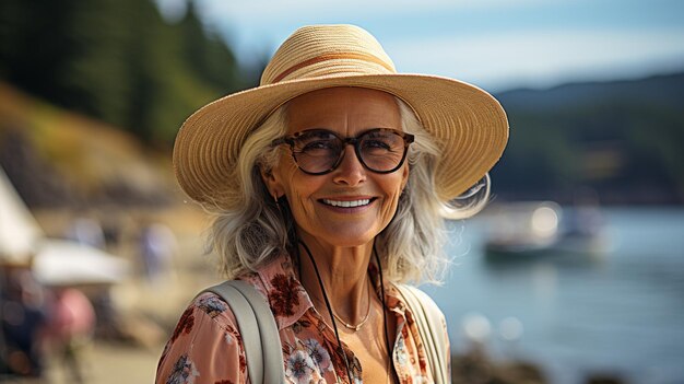 바다 해변 에 서 있는 동안 카메라 를 바라보는  ⁇  모자 와 안경 을 입은 미소 짓는 성숙 한 여자 의 초상화