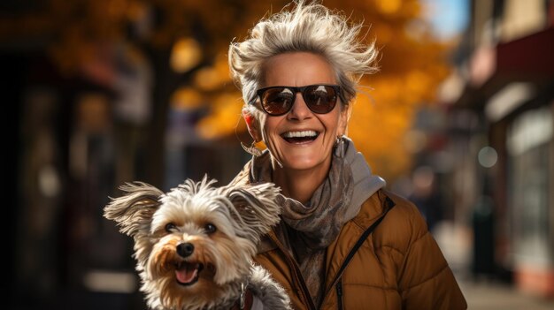 Portrait of a smiling mature woman with a dog in the city Generative AI