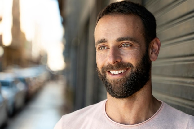 Portrait of smiling middle aged hispanic man looking away standing on the street, copy space