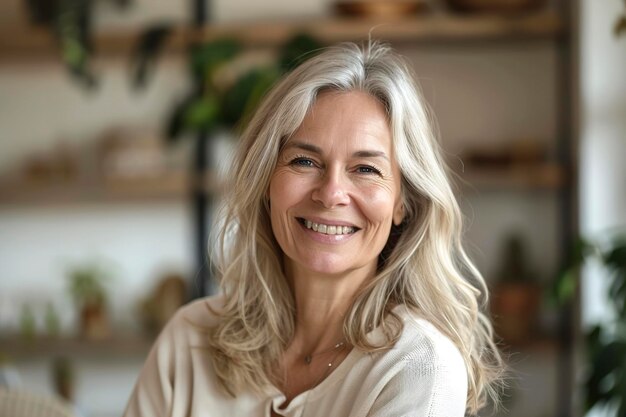 Photo portrait of smiling middle aged woman with blonde hair