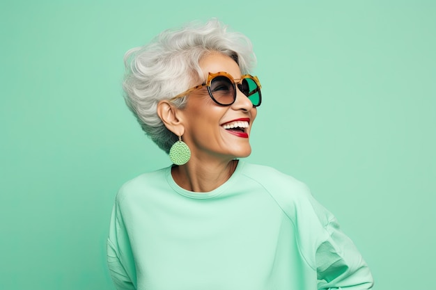 Portrait of a smiling middleaged LatinoAmerican woman wearing glasses on a green pastel background