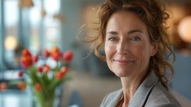 Photo portrait of a smiling middleaged woman with curly hair